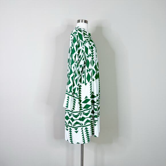 Anna Kay | Geometric White Green Bell Sleeve Flowy Short Designer Summer Dress L - Picture 6 of 12